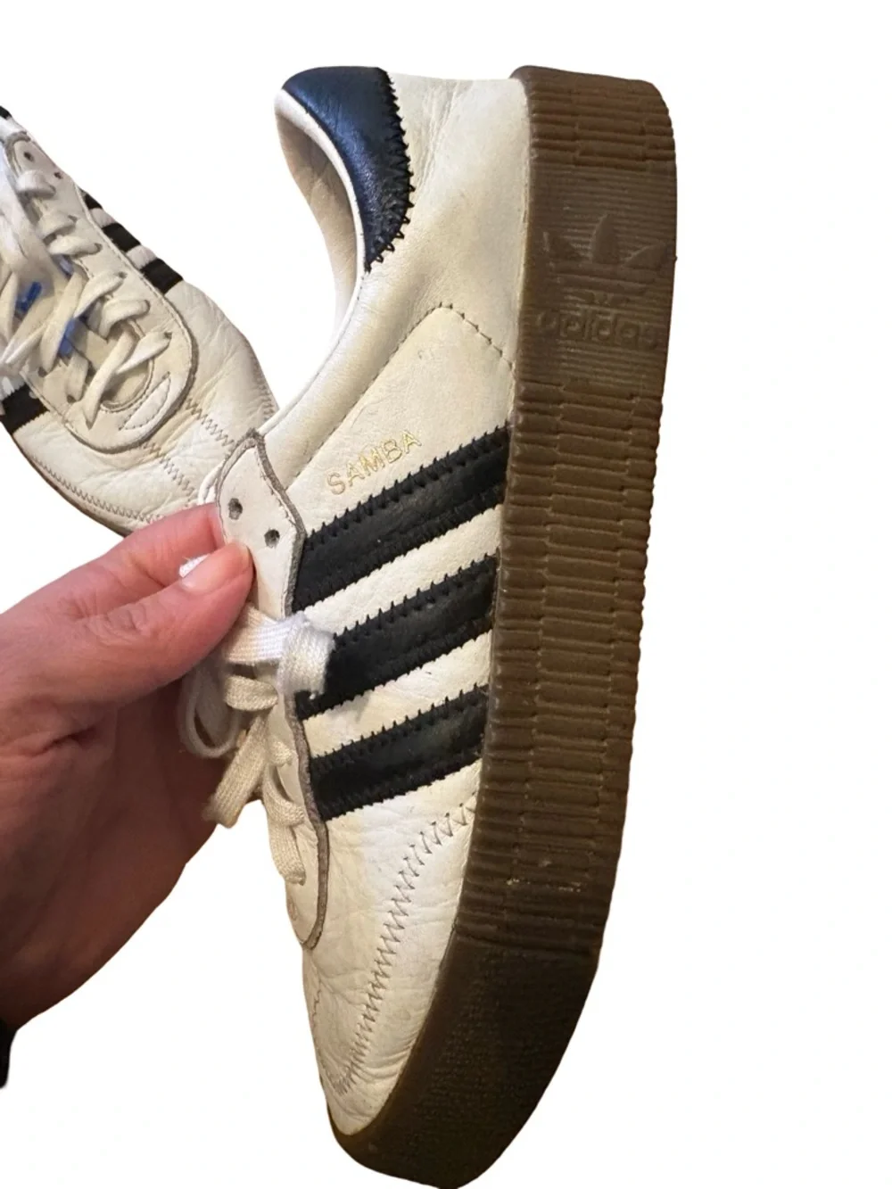 adidas Samba platform White Sneakers with Black Stripes and Blue Logo - Picture 3 of 5